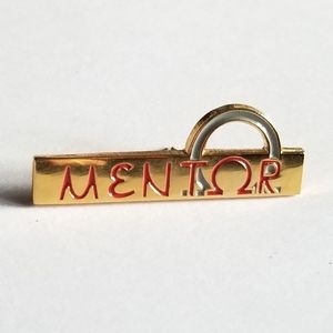 Mentor lapel pin Omega red enamel gold tone metal Greek symbol brooch